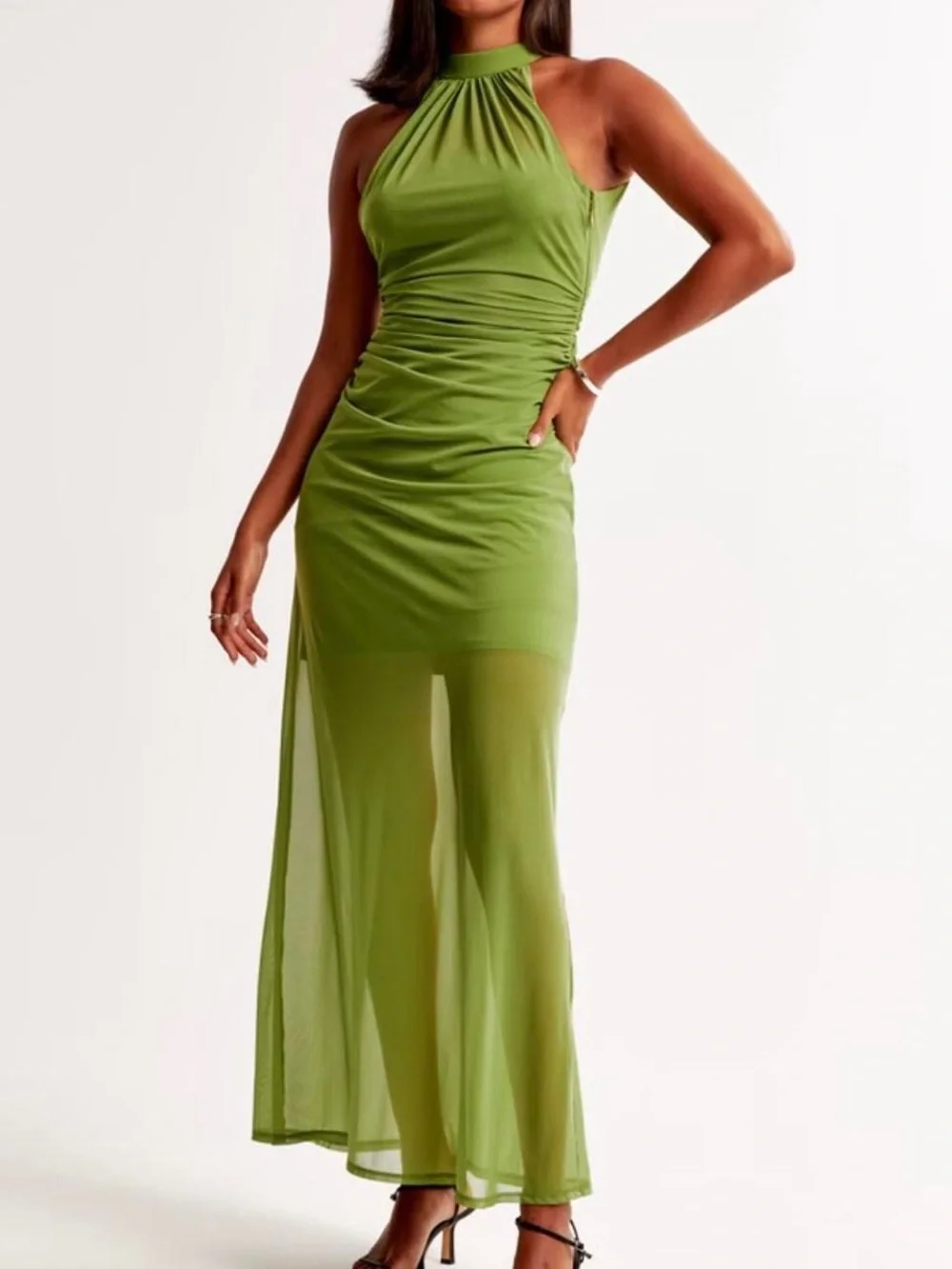 Abercrombie & Fitch Olive Green Halter Ruched Sheer Maxi Dress